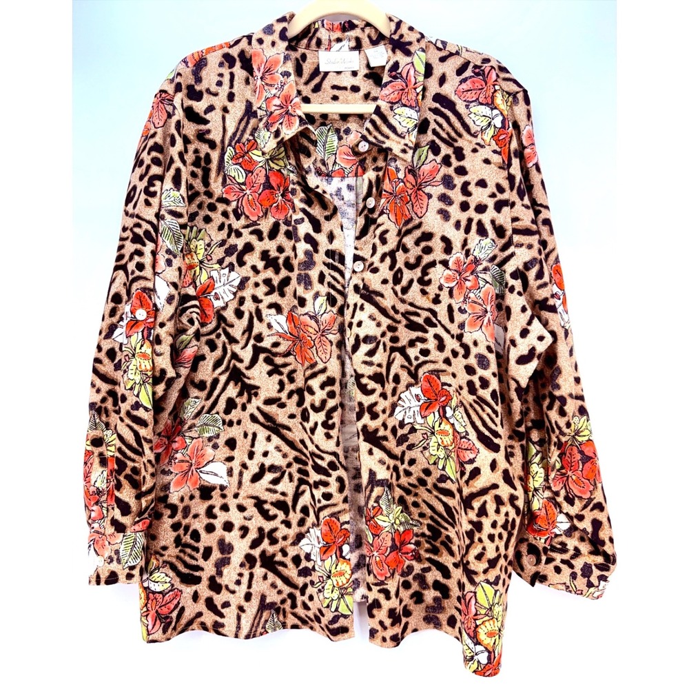 Linen Leopard Floral Button Shirt Jacket Sz‎ 3X Boho Eclectic Safari Grannycore